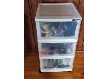 #2 OF 2 PLASTIC MINI CHEST ORGANIZER ON WHEELS WITH LARGE ASSORTMENT OF OFFICE SUPPLIES