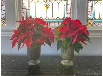 PAIR OF GRECIAN STYLE FLUTED PATINA METAL VASES WITH POINSETTIAS