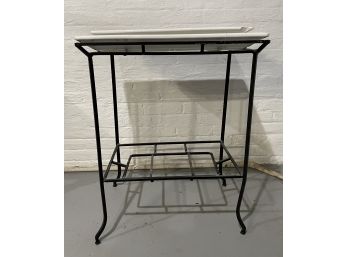 IRON WIRE FRAME STATIONARY SERVING CART W/WHITE GLASS SERVING TRAYS