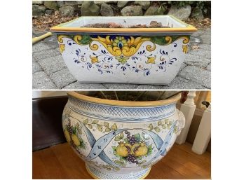 PAIR OF HANDMADE AND HAND PAINTED CERAMIC PLANTERS FROM SORRENTO ITALY