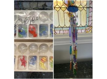 STAINED GLASS WIND CHIME AND HAND BLOWN FLOATING GLASS FISH ORNAMENTS