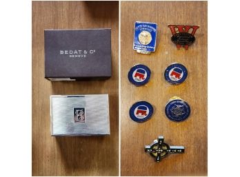 COLLECTION OF ASSORTED PINS AND BEDAT & CO STORAGE CASE