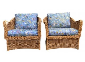 PAIR OF VINTAGE 'BAR HARBOR' STYLE WICKER ARMCHAIRS WITH CUSHIONS