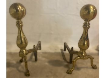 PR OF ANTIQUE IRON AND BRASS FIREPLACE ANDIRONS