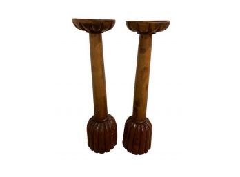 PAIR OF VINTAGE HAND CARVED WOODEN CANDLE HOLDERS