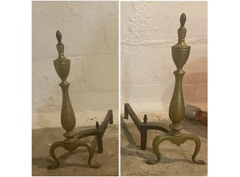 PR OF VINTAGE AWS IRON AND BRASS FIREPLACE ANDIRONS