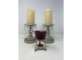 PAIR OF PILLAR CANDLE HOLDERS AND CERAMIC AND METAL CANDLE INCENSE BURNER