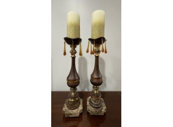 PR OF TALL, WOOD AND BRASS CANDLE HOLDERS ON MARBLE BASE