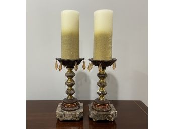 PR OF SHORT, WOOD AND BRASS CANDLE HOLDERS ON MARBLE BASE