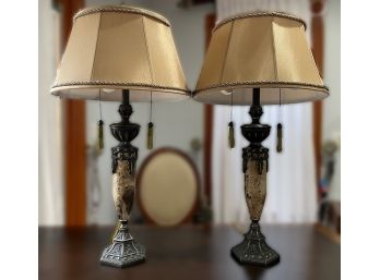 PAIR OF MARBLE TABLE LAMPS ON BRONZE BASE