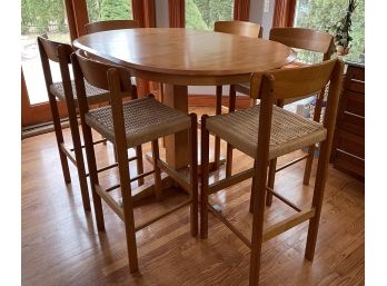 BAR HEIGHT OAK DINING TABLE WITH 6 STOOLS WITH CENTER LEAF