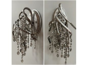 PAIR OF SILVER METAL BRANCH WALL SCONCES WITH CRYSTALS