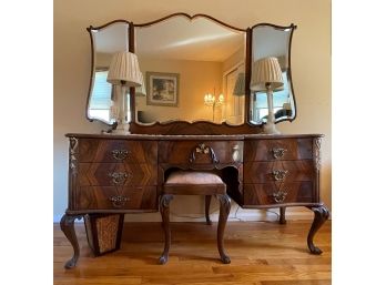ANTIQUE 7 DRAWER VANITY WITH BEVELLED TRIFOLD MIRROR