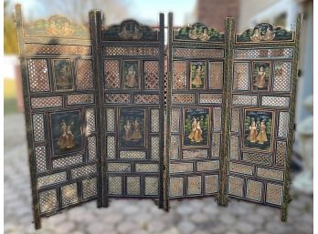 VINTAGE 4 PANEL HAND PAINTED INDIAN SCREEN
