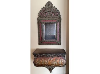 VINTAGE BEVELLED WALL MIRROR AND ORANTE METAL WALL SHELF