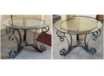 PAIR OF ROUND BEVELLED GLASS SIDE TABLES ON METAL BASE