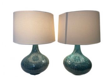 PAIR OF CELINDA BLUE GREEN GLASS TABLE LAMPS