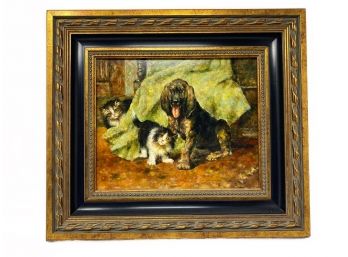 GOLD GILT FRAMED 'PAIR OF CATS AND DOG'