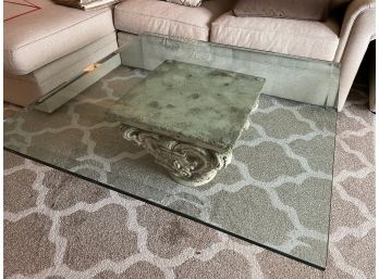 BEVELLED GLASS TOP COFFEE TABLE ON CORINTHIAN MARBLE PEDESTAL