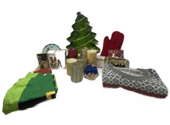 COLLECTION OF ASSORTED CHRISTMAS DECORATIONS AND SWEATER