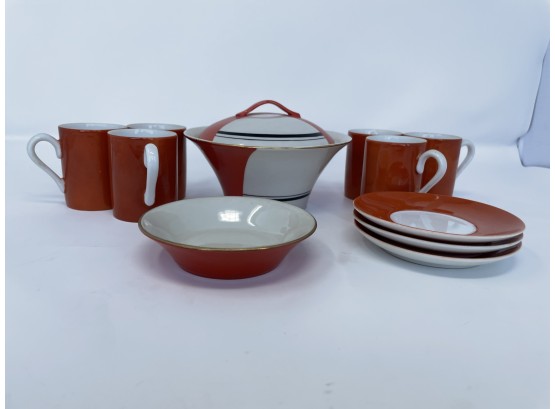 12 PC Mixed Set Of Porcelain Mugs, Saucers, Dish And Soup Server