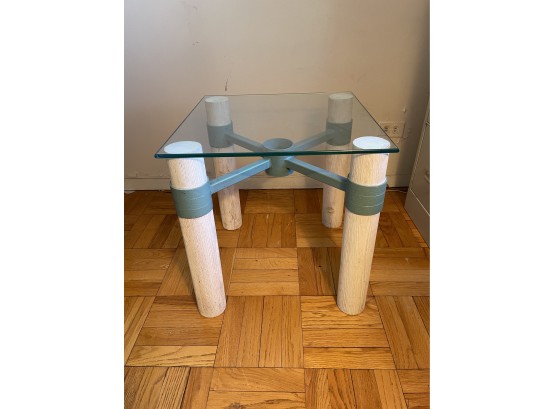 Vintage Metal X Frame Glass Top Table With Wooden Legs