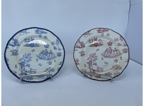 Pair Of Vintage Wood & Sons Red And Blue Toile Plates