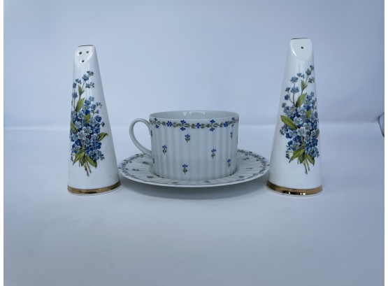 4 PC Mixed Set Of Fine Bone China Cup/saucer And Salt/Pepper Shakers
