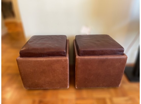 Pair Of Distressed Brown Leather Ottomans With Tray Storage By American Leather