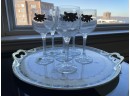 Set Of 6 Bohemia Crystal Wine Glasses And Vintage Limoge Serving Tray