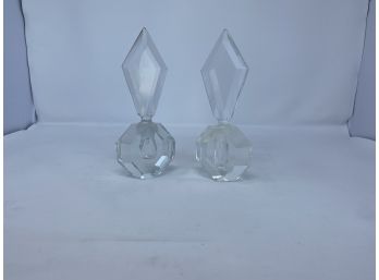 Pair Of Vintage Art Deco Multi-faceted Crystal Glass Perfume Decanters