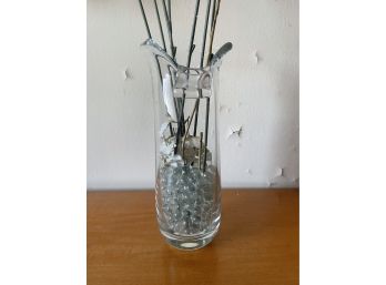 Glass Vase W/ Artificial Flowers And Clear Glass Marbles