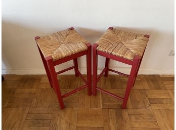Pair Of Red Square Stools With Woven Seats