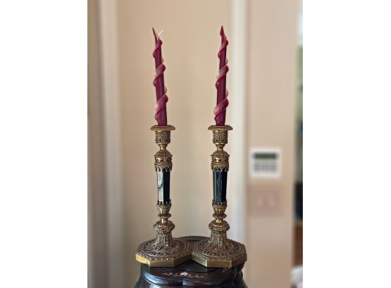 Vintage Brass And Wood Candle Stick Holders