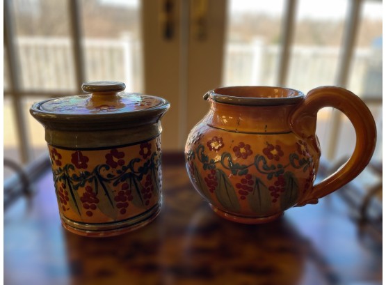 Hand Painted Terracotta Pitcher & Lidded Jar By Sud & Co. Of Cassis, France