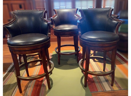 Set Of 5 Leather Swivel Bar Stools With Brass Nail Trim And Foot Plate