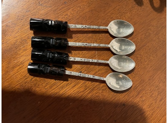 Set Of 4 Sterling Silver MEXICO Souvenir Spoons With Carved Mayan Aztec Tiki Black Onyx