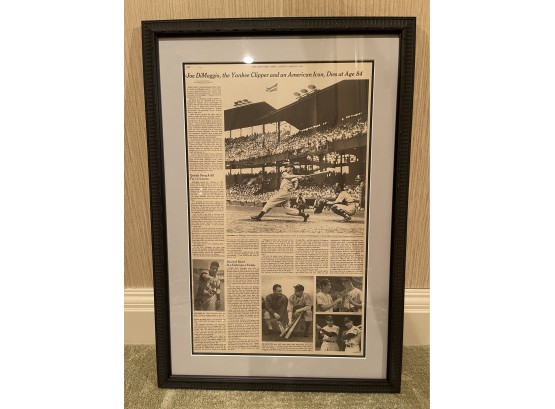 Framed New York Times Article On The Passing Of Yankee Clipper Joe DiMaggio