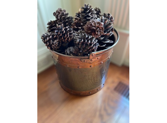 Vintage Copper Bucket With Pine Cones