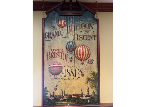 Antique Oil Painted Wood Hanging 'Grand Balloon Ascent Over Bristol, 1881'