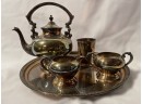 5-Piece Silver On Copper Tea Set With Serving Tray