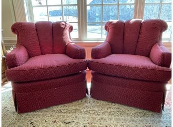 Pair Of Channel Back Chairs With Spring Down Cushions In Red Fabric From Greenbaum Interiors
