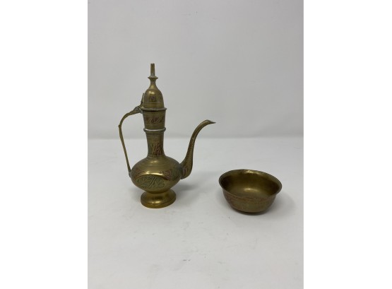VINTAGE BRASS/COPPER TEA SERVER AND CUP