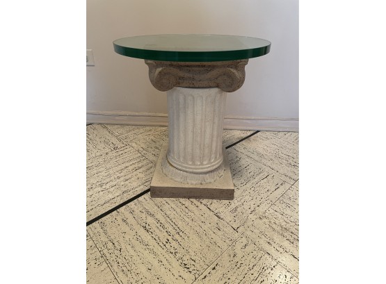 ROUND GLASS TOP TABLE ON SQUARE PLASTER PEDESTAL COLUMS