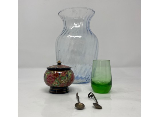 5 PC Lot: Clear Blue Vase, Green Tumbler, Cloisonne Spice Jar, Pair Of Sterling Spoons