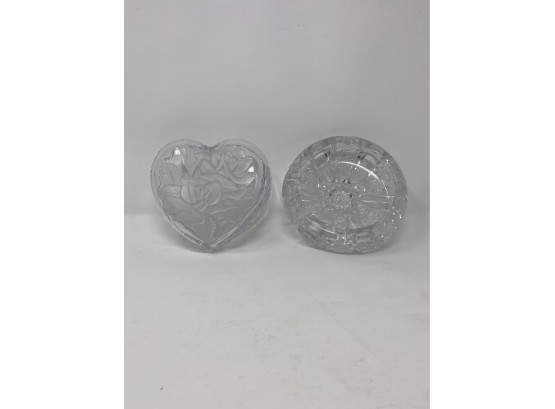 VINTAGE CLEAR FROSTED HEART DISH W/LID AND CRYSTAL ASHTRAY