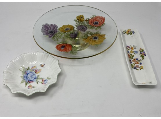 3PC LOT: Aynsley Mint Tray And Floral Bowl, Floral Dish On Brass Tone Pedestal