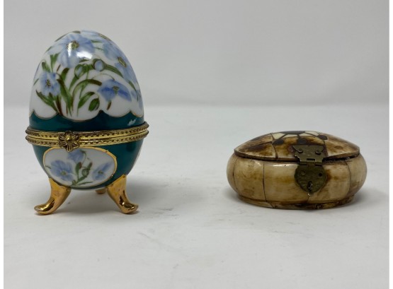 Unique Pair Of Vintage Trinket Cases In Carved Bone And Porcelain