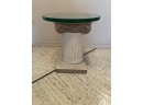 ROUND GLASS TOP TABLE ON SQUARE PLASTER PEDESTAL COLUMS