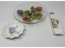 3PC LOT: Aynsley Mint Tray And Floral Bowl, Floral Dish On Brass Tone Pedestal